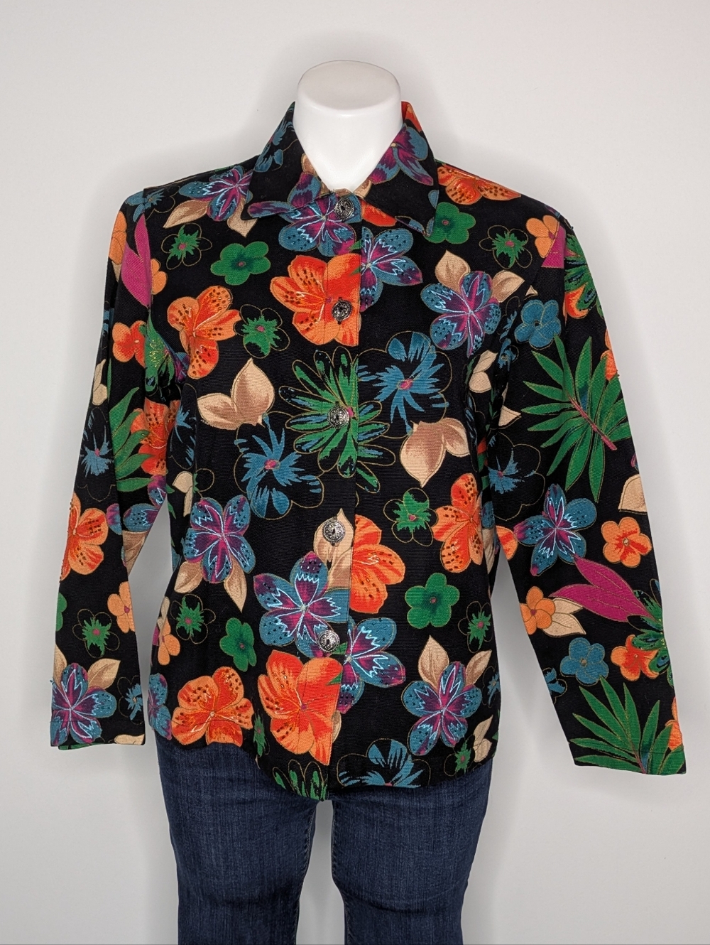 West End Black Orange Tropical Floral Beaded Cotton Button Up Jacket M